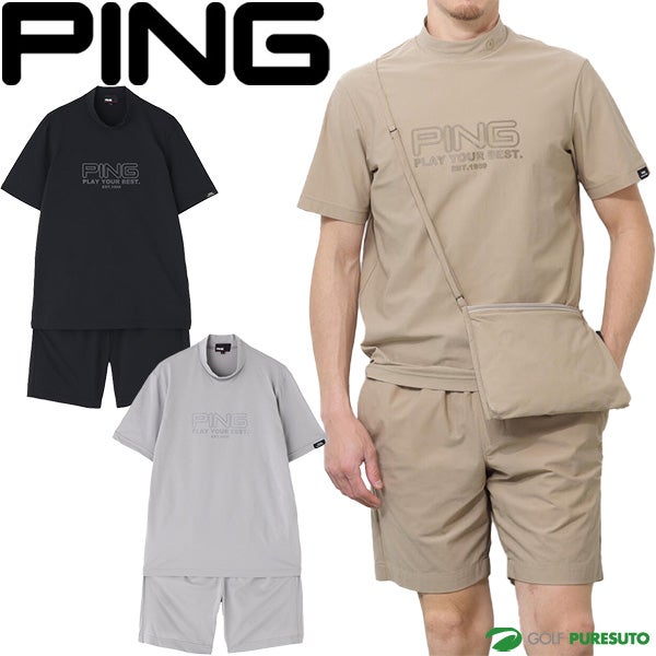 PING ハイネックカットソーとショートパンツのセットアップとサコッシュ ピン ゴルフ セットアップ 上下セット 半袖 ハイネックシャツ ショート
